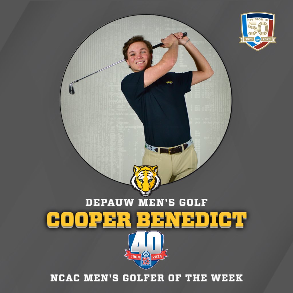We have two @ncac Athletes of the Week! 

For the second time this month, Michael Vallone on the @depauwbaseball team is Pitcher of the Week. 

Cooper Benedict on the @depauwgoflm team was recognized as Golfer of the Week. 

Congrats to Michael and Cooper! #d3baseball #d3golf
