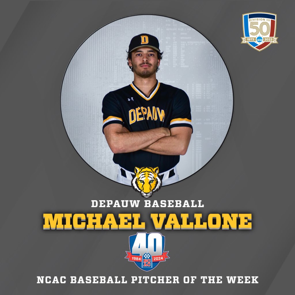 DePauwAthletics's tweet photo. We have two @ncac Athletes of the Week! 

For the second time this month, Michael Vallone on the @depauwbaseball team is Pitcher of the Week. 

Cooper Benedict on the @depauwgoflm team was recognized as Golfer of the Week. 

Congrats to Michael and Cooper! #d3baseball #d3golf https://t.co/b8RfhGeVrU