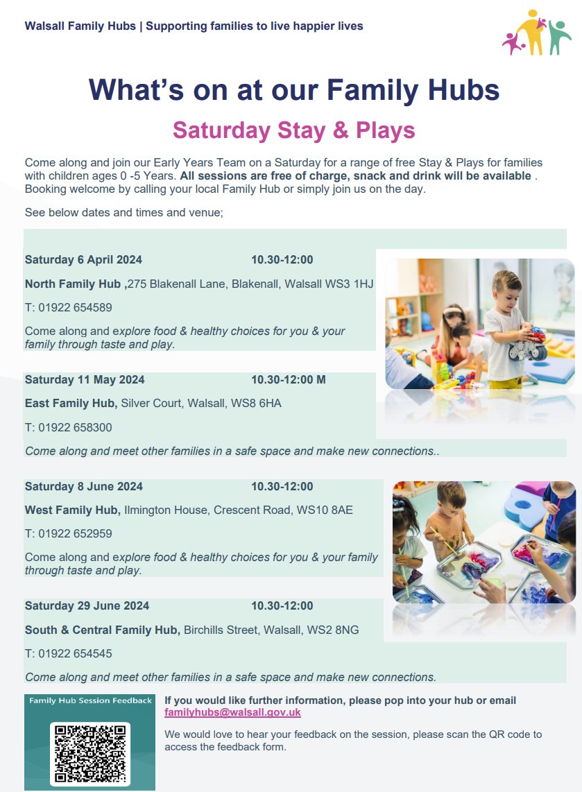 What's on at your local Family Hubs - Update
Free Stay and Play sessions for Parents and Carers.
No need to book, just turn up and enjoy the fun with your little one.