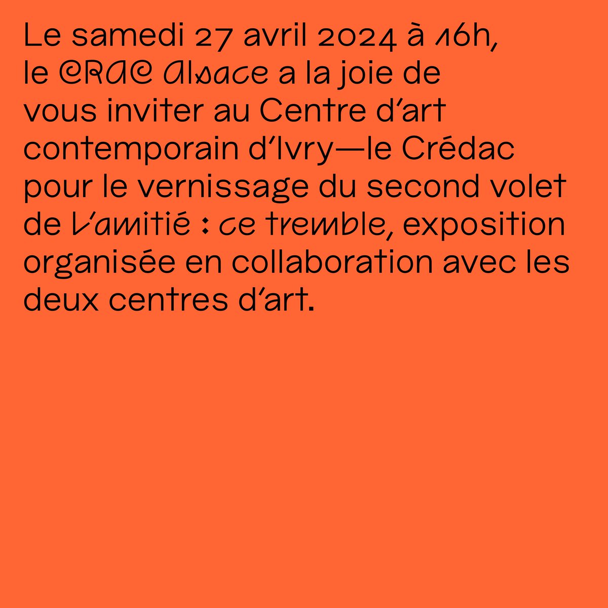 Vernissage accompagné de performances et un workshop: 
16h—Workshop Epiderma_Ivry-sur-Seine (2024) de @carettospagna. Sur réservation: contact@credac.fr. 18h—Performance Testament #2 (2024) de @missfortun.  
19h30—Performance FRI(END) (2024) de @byskovanna.