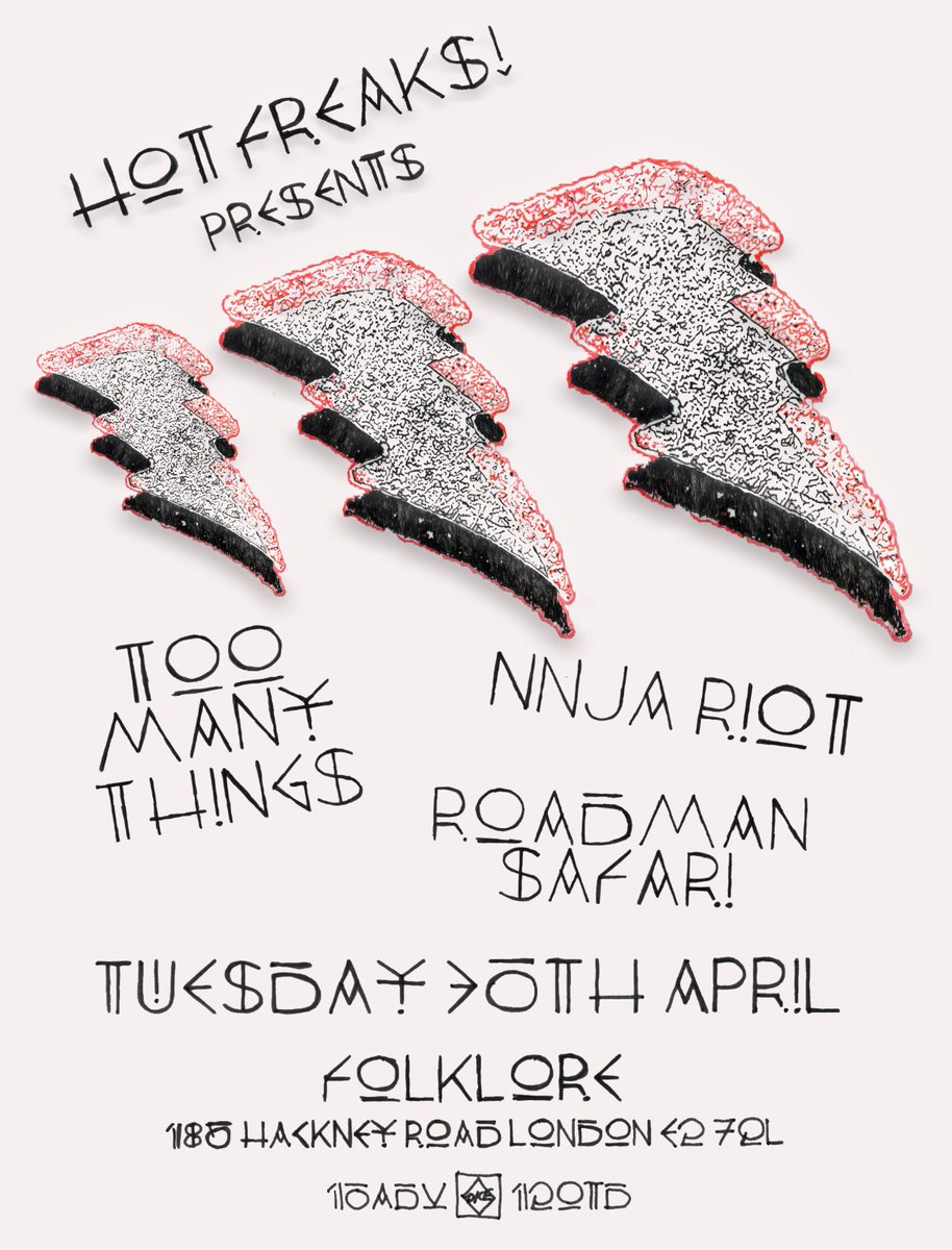 A week from today at Folklore Hoxton. Nnja Riot/Too Many Things/Roadman Safari

186 Hackney Rd, London, E2 7QL
dice.fm/event/ydglv-ro…

#londongigs #nnjariot #livemusic #gigs