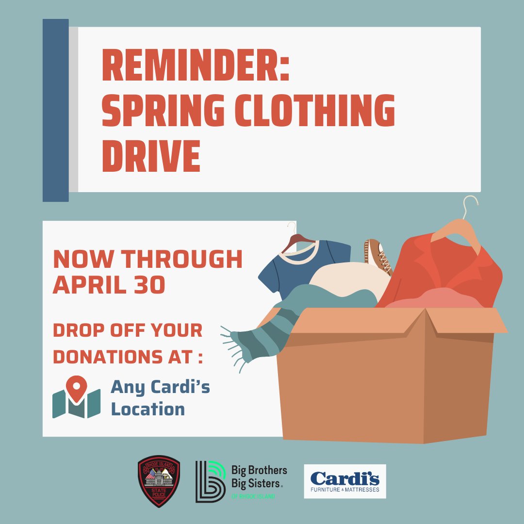 A reminder that we are hosting a Spring Clothing Drive with @NIROPE and Big Brothers Big Sisters of Rhode Island. Items, such as new or gently used clothing, linens, and shoes, can be dropped off at all Cardi’s Furniture locations. Thank you for contributing! #AlwaysThere