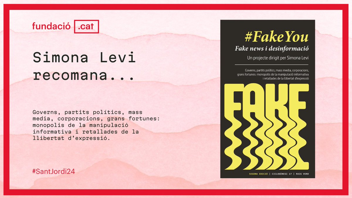 Recomanacions #SantJordi24! 📖🌹 La Simona Levi de @X_net_, ens recomana el seu llibre '#FakeYou: Fake news i desinformació', una eina de defensa contra les retallades de les llibertats fonamentals i una arma contra les noves formes de manipulació. 👉fundacio.cat/sant-jordi-24/