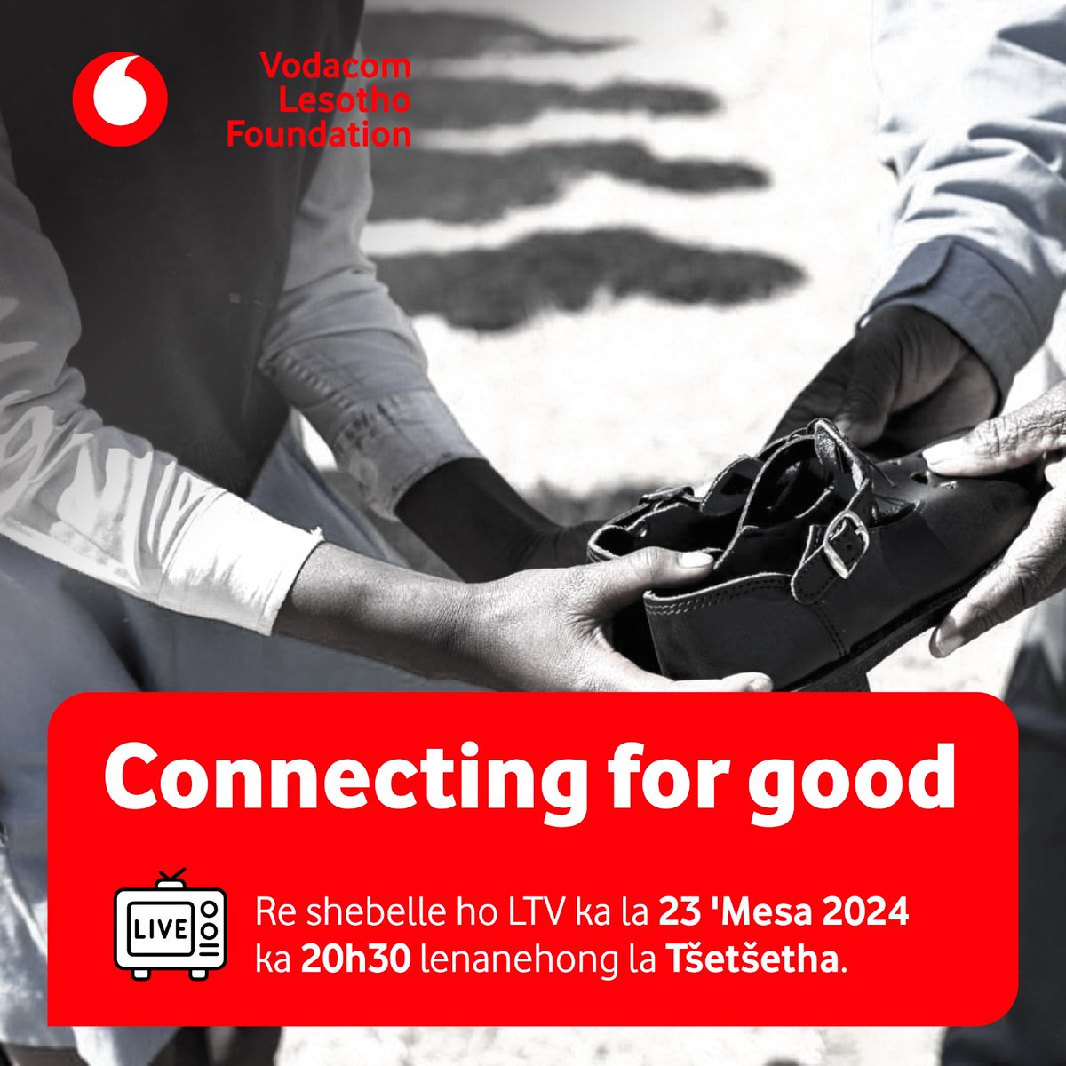 Shebella Lesotho Television kajeno (23 'Mesa 2024) mantsiboea ka 20h30 (Lenanehong la Tšetšetha) ha re tla be re qoqa ka merero ea Vodacom Lesotho ea khutlisetso sechabeng. #ConnectingForGood #LesothosBestNetwork