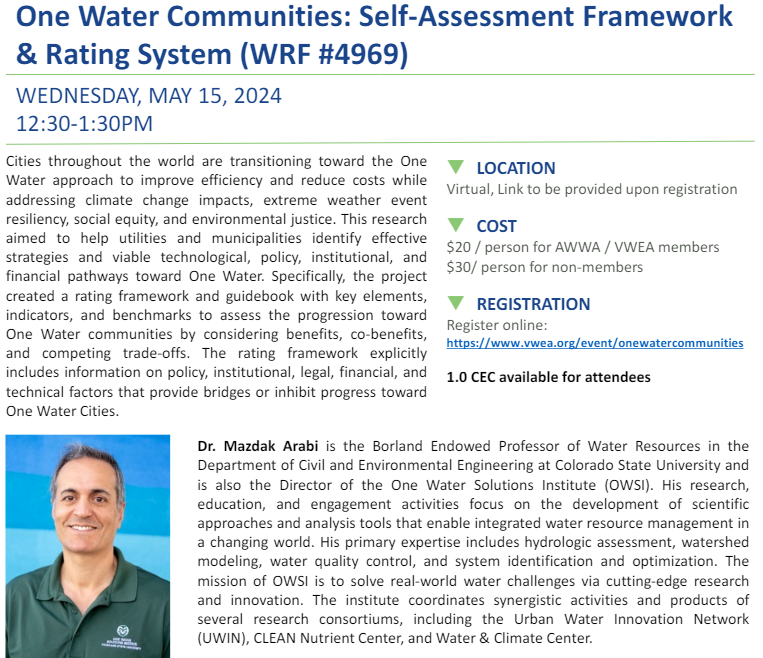 Join VWEA &amp; VA AWWA on May 15 for a #webinar presented by Colorado State University’s One Water Solutions Institute on their work with the Water Research Foundation. vwea.org/event/onewater…

#VirginiaWater #WasteWater #WaterIndustry #ColoradoStateUniversity #ContinuingEducation