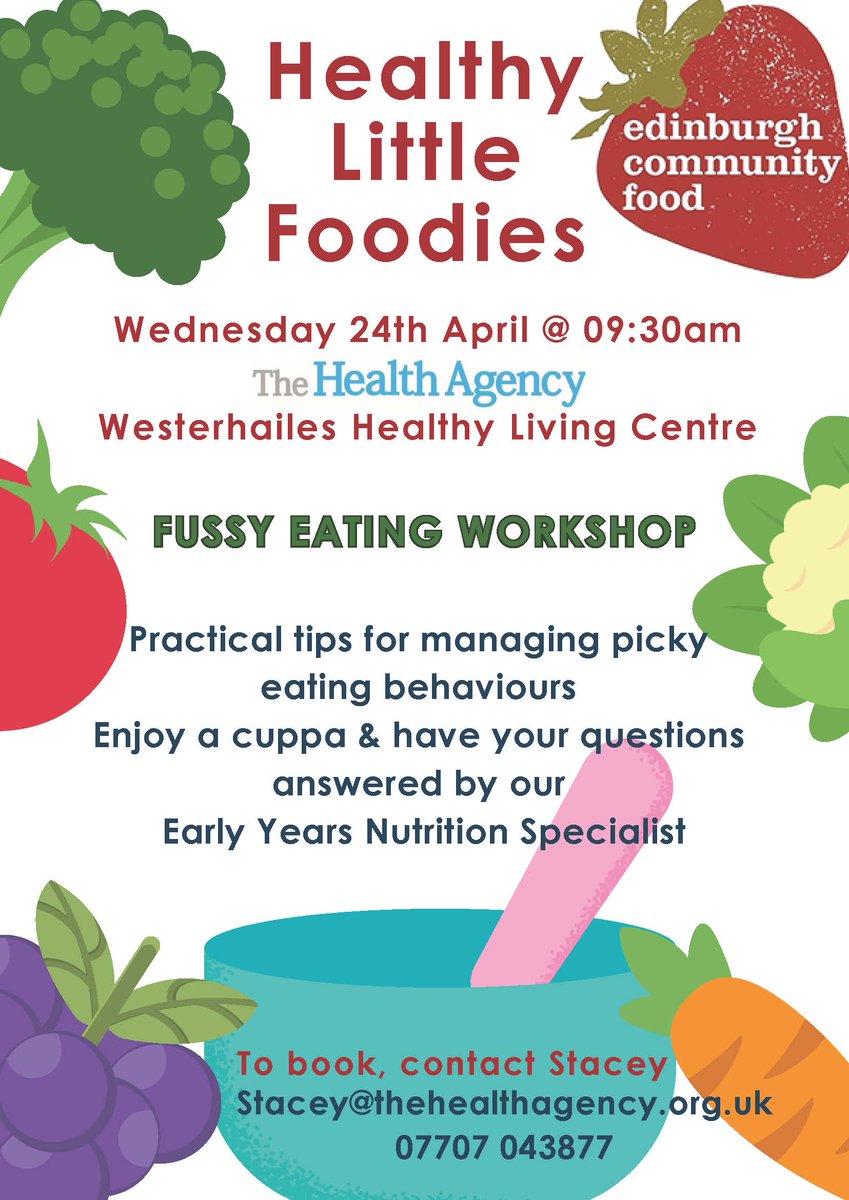 .@EdinComFood is holding a Healthy Little Foodies session on Wed 14 April from 9:30am at The Health Agency. The sessions are a great opportunity for parents to get advice on early years nutrition and fussy eating. To book please contact Stacey: Stacey@thehealthagency.org.uk
