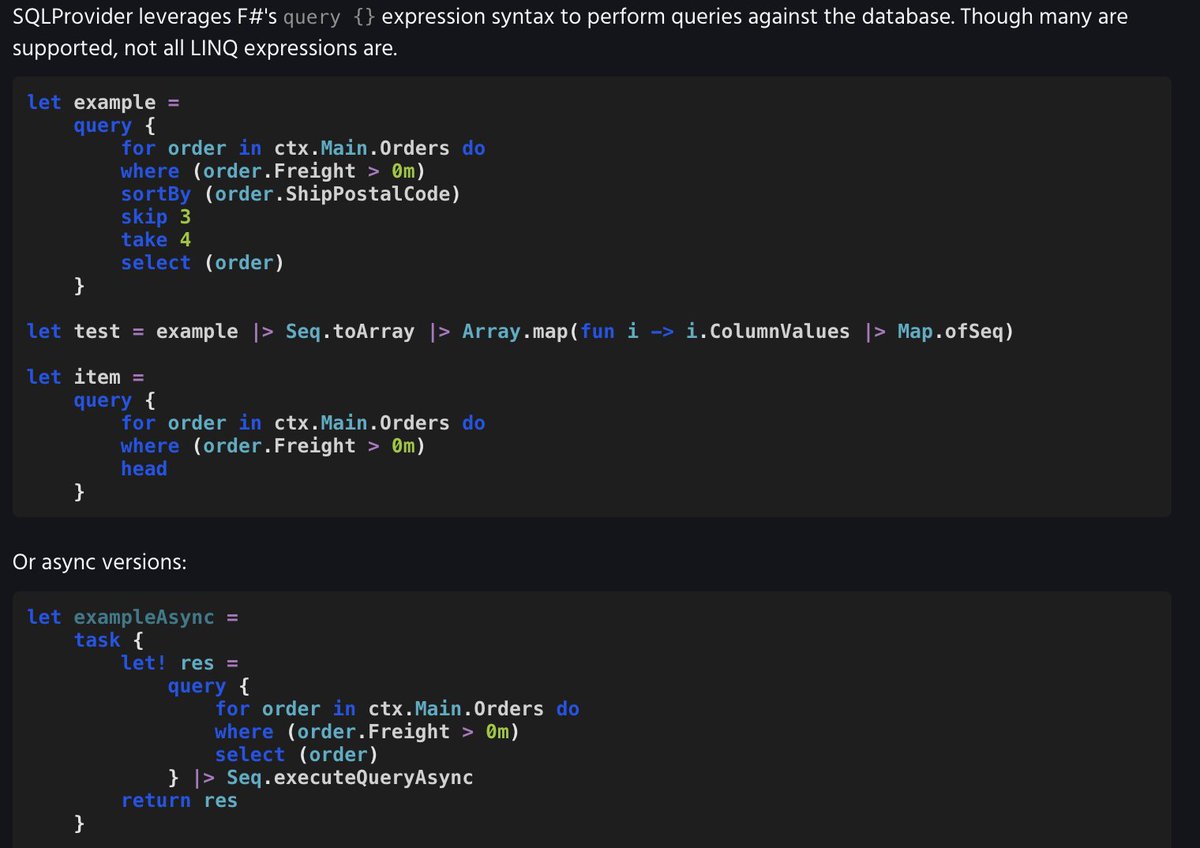 jkone27's tweet image. @dotnet and @aspnet and EF are awesome, but for fully leveraging #fsharp potentials, maybe good to have a look at TypeProviders too: #sqlprovider generates types and gives `IQueriable` from db connection, a bit like #rust macros, but more elegant 🦔💜🦀