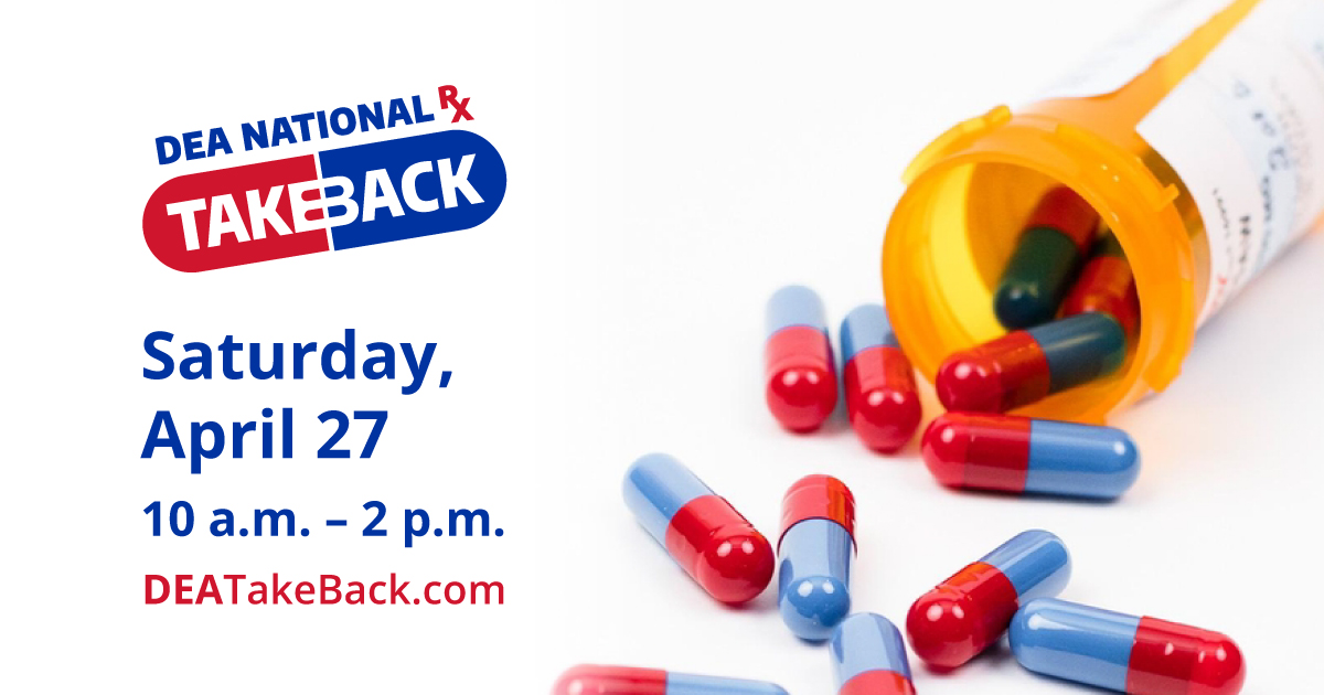 Drop off unneeded prescription medication during the DEA’s National Prescription Drug Take Back Day event at the Orland Park Police Department Timothy J. McCarthy Building (15100 S. Ravinia Avenue) from 10 a.m. - 2 p.m. on Saturday, April 27. #takebackday