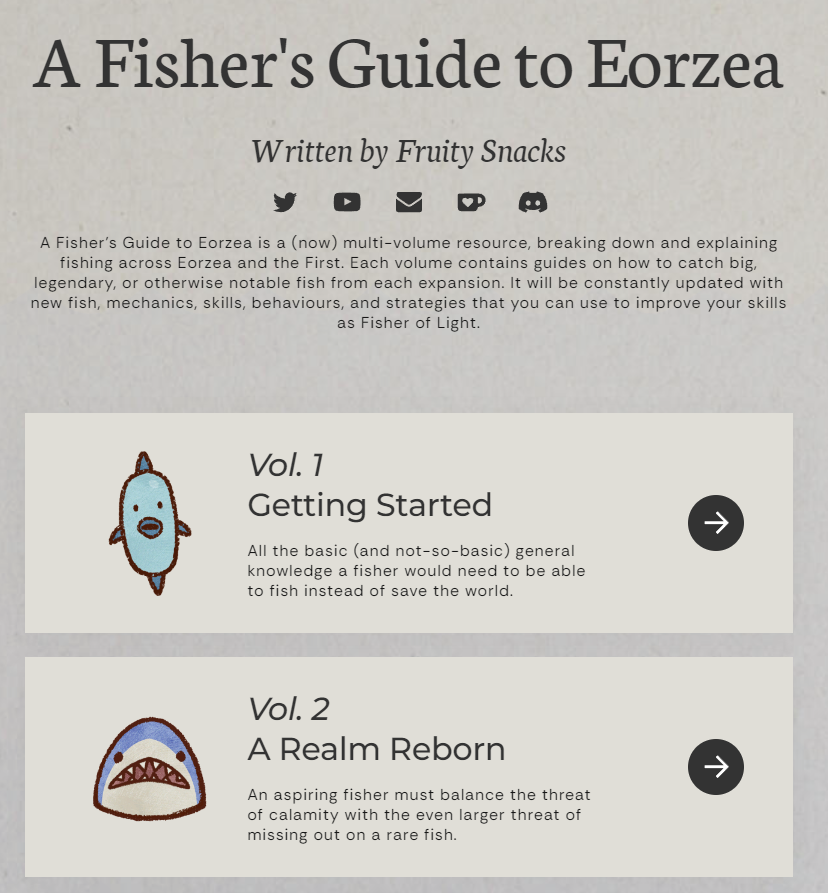 fisherfruity's tweet photo. 📢A Fisher's Guide to Eorzea - V.2.0.0!

No longer a single 303 page document, "A Fisher's Guide to Eorzea" has been sundered into SIX VOLUMES.

📚Faster Perf + Loading
🎨New guide art style
💧New Aquariums guide
🤯and more! 🧵

Check it out now:
https://t.co/dvjSqJWWOK

#FFXIV https://t.co/C9UibrvJb7