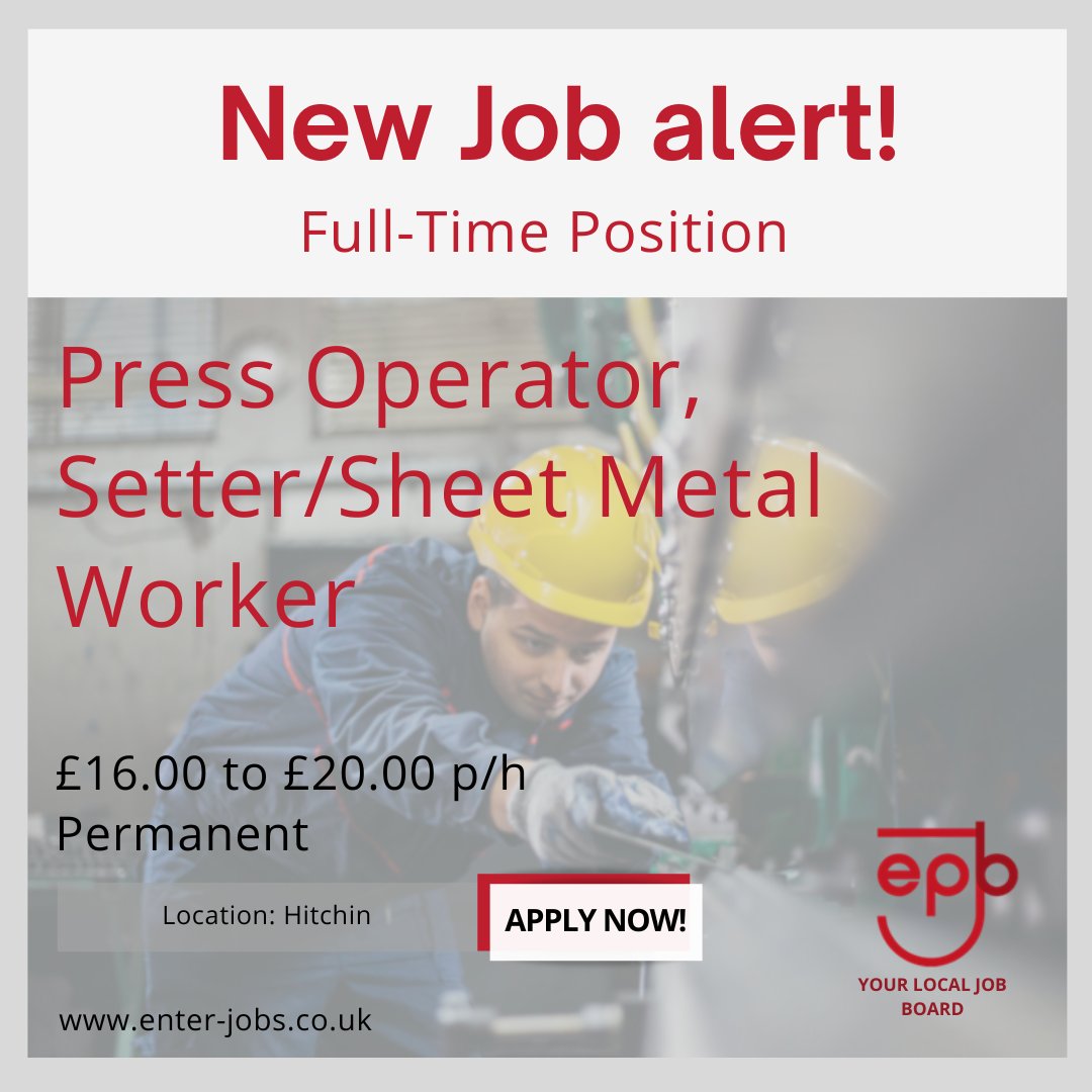 Enterprise Personnel's client is seeking to employ a Press Operator, Setter/Sheet Metal Worker on a permanent basis.
Apply now via our website enter-jobs.co.uk/Applicant/Show…

#hertfordshirebusiness #sheetmetalfabrication #metalfabrication #metalfabricator #FullTimeJobs #fabricationshop