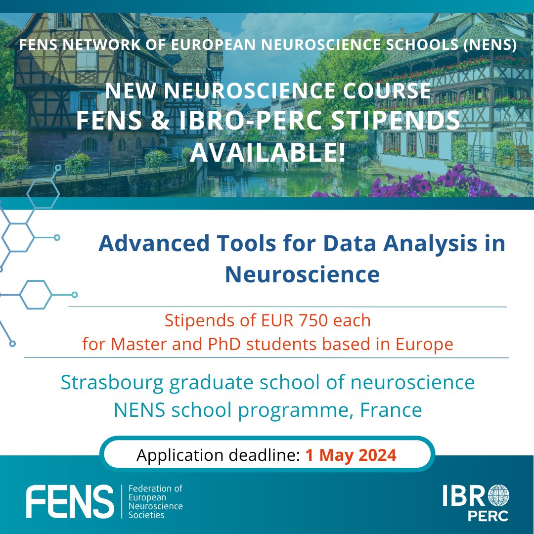 🤔 Dreaming of a career in data analysis for neuroscience? 🇫🇷 Register for the next #NENSCourse organised by @strasbourg_uni! #FENS and IBRO-PERC are offering #stipends of 750 EUR, to #MSc and #PhD students! ⚠️ Only 1 week left to apply: loom.ly/9Vmil8Y @IBROorg