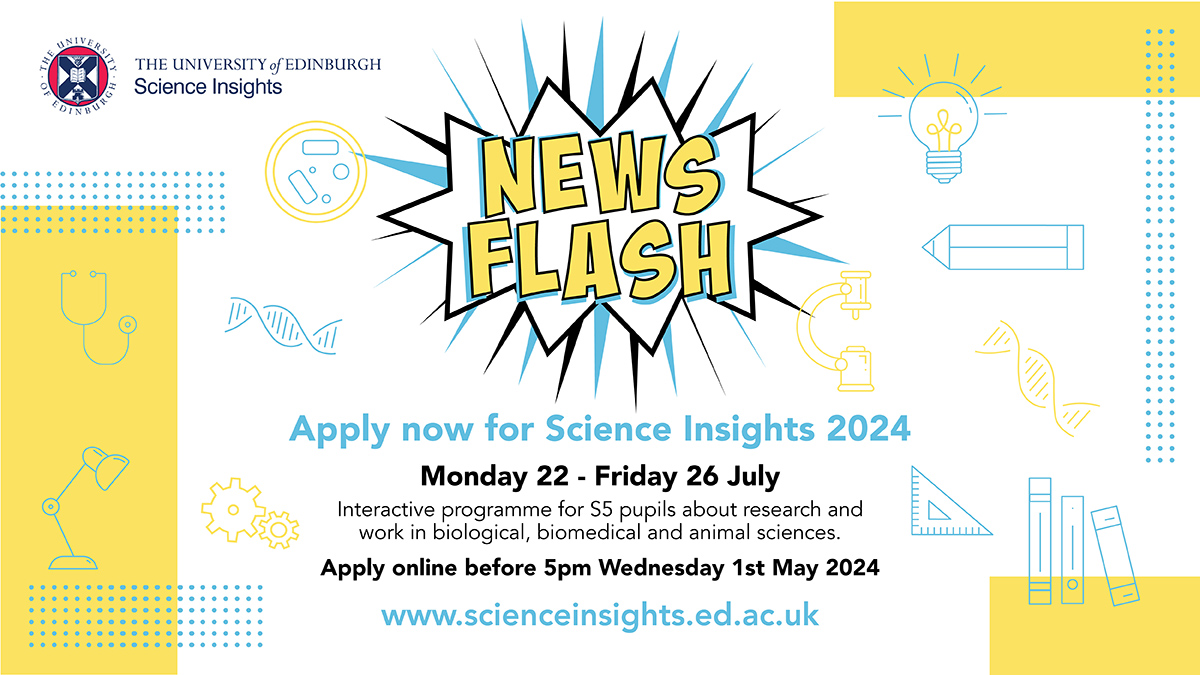 📣S5 pupils 1️⃣ week left to apply! Looking for #biology #workexperience this summer? 🔬🧫🦠🥼🧬 Apply now for Science Insights - working with scientists @roslininstitute @EdinUni_IGC @EdinUni_IRR @EdinUniUsher @EdinUniNeuro @EdinUniCVS 📝➡️edin.ac/3IvyaqX by 1 May