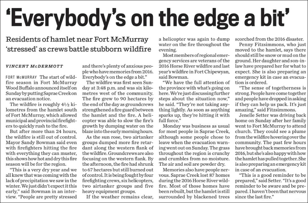 In today’s @EdmontonJournal 657 words from Vincent McDermott (@vincemcdermott) about Fort McMurray area residents being on edge about the 2024 season. Yet no mention about the climate change / fossil fuel connection! #WhereIsTheWhy? #ClimateCrisis #EndTheSilence @EndClimtSilence