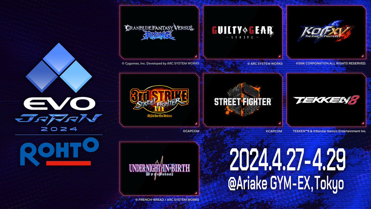 Upcoming Event: EVO Japan 2024 is this weekend! Games Include: - Guilty Gear Strive - Granblue Fantasy Versus Rising - Under Night In-Birth II Sys:Celes This is a Platinum Event on the Arc World Tour 2024, so the winner of the 3 games will automatically qualify for the finals!