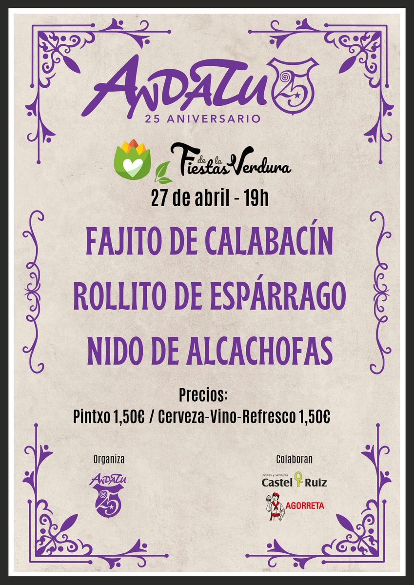 p_andatu's tweet photo. GRACIAS a nuestros colaboradores SAT Agorreta  y Frutas y Verduras Castel Ruiz, por apoyarnos un año más.

Ven a probar nuestros pintxos y no te quedes con las ganas... seguro que como siempre, ¡te van a encantar! 

¡Os esperamos!

#25aniversarioandatu 
#HistoriaMorada https://t.co/tjQyFFLIny