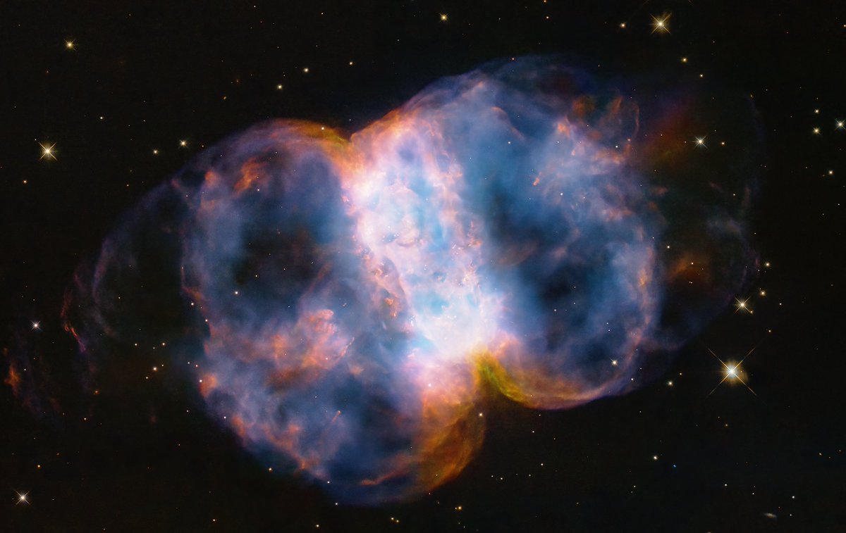 Hubble's 34th launch anniversary is this week! 🥳 We're celebrating with this new image of the Little Dumbbell Nebula. Located about 3,400 light-years away, this nebula formed when lobes of gas expanded out from a dying star at the center. For more: go.nasa.gov/49OpEP1