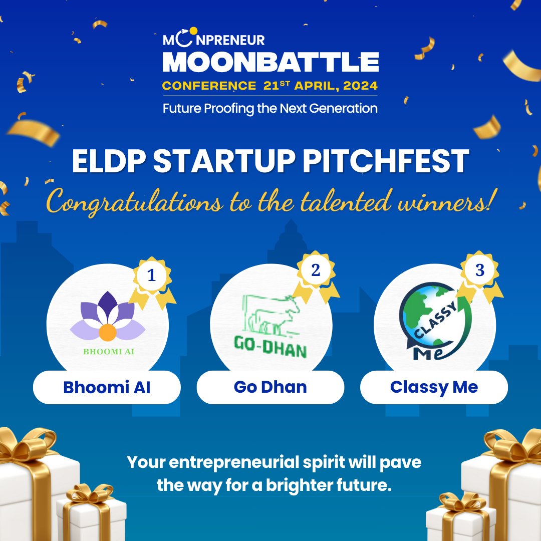 Igniting innovation, one pitch at a time! 

Hats off to the ELDP Startup Pitchfest winners at MoonBattle Conference for their path-breaking startups! 

1st Place: Bhoomi AI
2nd Place: Go Dhan
3rd Place: Classy Me

The future looks brighter with them at the helm! 

Their entrepren