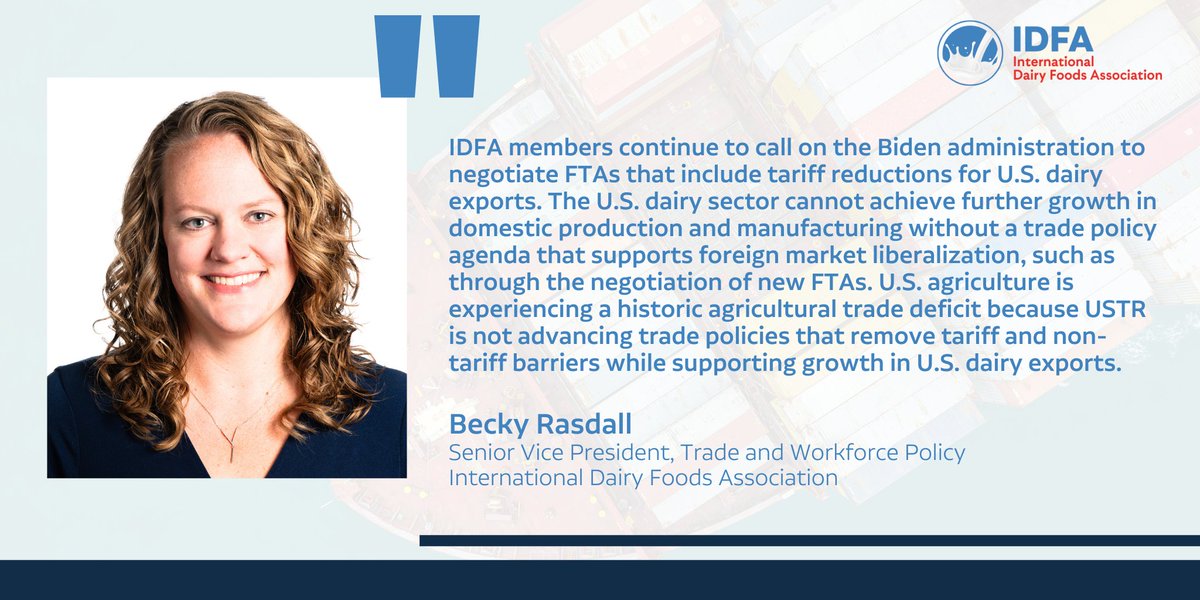 dairyidfa's tweet photo. Trade and access to export markets remain critical to the dairy industry, and IDFA continues to prioritize the issue with this administration.

IDFA this week submitted comments to the Office of the United States Trade Representative (USTR) on the administration’s objective to develop strategies that support and advance U.S. supply chain resilience as a priority area in trade negotiations, enforcement, and other initiatives. 

Additionally, IDFA is grateful to be the only food and agriculture association invited to provide testimony at the USTR public hearing on May 2, 2024. Read the full statement and comments on IDFA's website: https://t.co/SO5tKrkn89

#dairy #trade #supplychain #policy