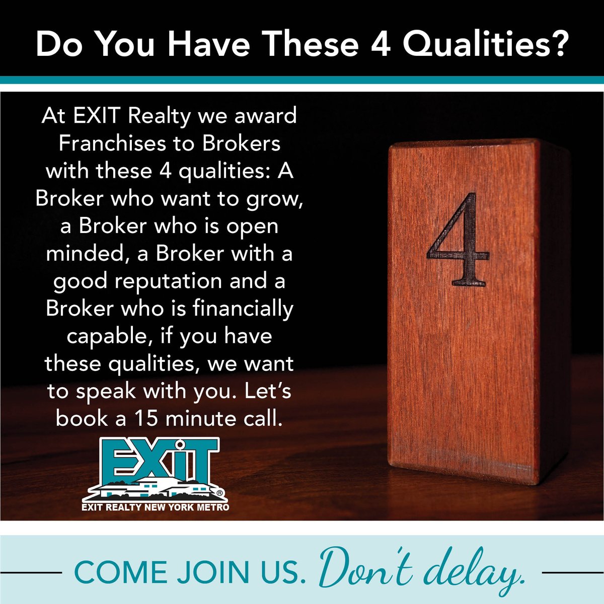 Ready to be a franchise owner? Do you have these 4 qualities?
Visit JoinEXITRealty.com to learn how EXIT can help you manage your real estate business.

#realty #RealEstate #EXITRealty #NewYorkMetro #success #bestinclass #advertising #marketing #passiveincome...