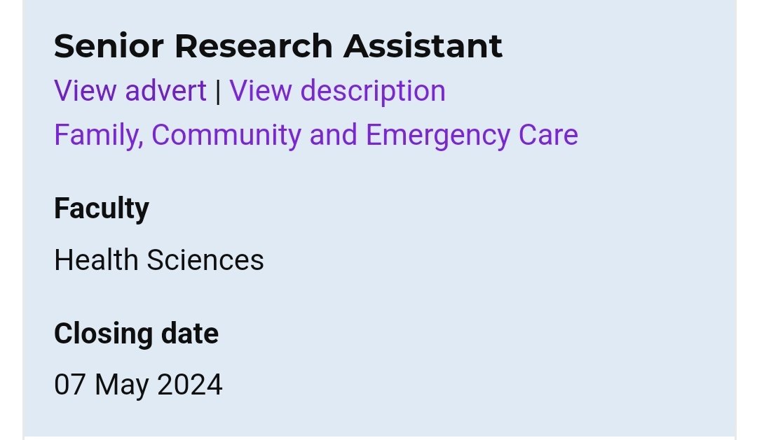 Please join our NIHR funded GHAP project team. We have two available research assistant posts. Applications are due on 7 May 2024. Visit: uct.ac.za/staff/general-… #palliativecare #research #recruitment @NIHRcommunity