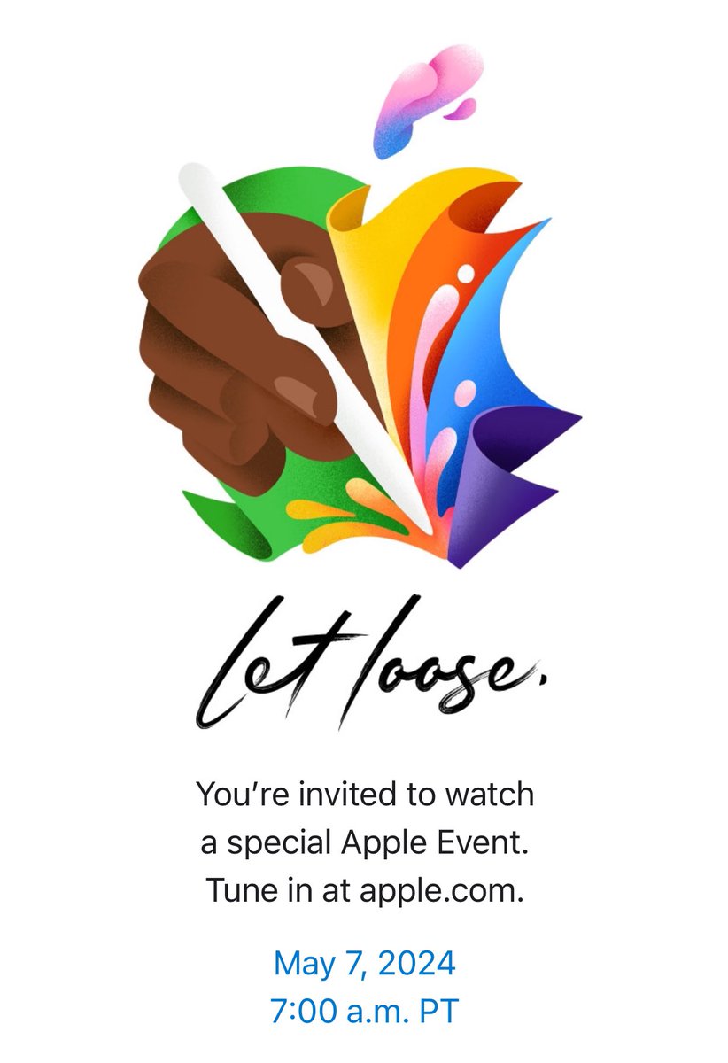 #AppleEvent invite just landed, 'Let Loose' 🧐 7 May, 2024 7.00AM PT 3.00PM UK Who’s looking forward to new iPads? 😎