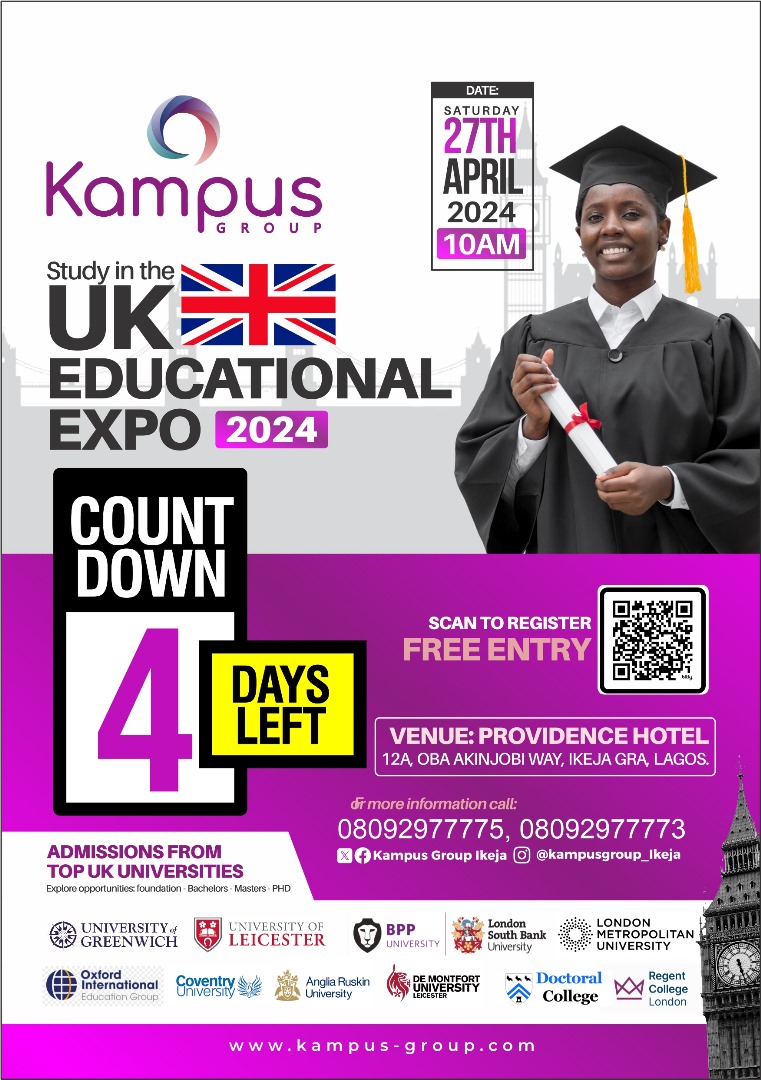 four days to go!!!
Attend our educational expo to gain insightful information on studying in the UK, program offered and scholarship opportunities available. Begin that transformative journey with us today!
#kampusgroup #internationalstudents #studyintheuk #studyabroad