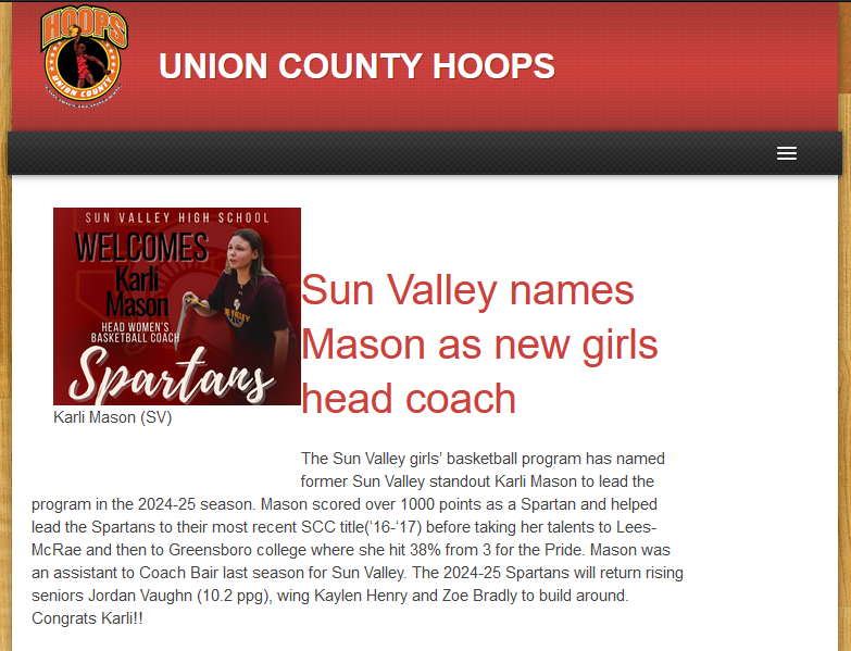 UCHOOPS NEWS: Former Spartan Karli Mason is the new girl in town!
UnionCountyHoops.com
<a href="/SVBBallCoach/">SVHSAD</a> <a href="/SVHS_Athletics1/">Sun Valley High School Sports</a> <a href="/SVHS_WBB/">Sun Valley HS Women's Basketball</a>