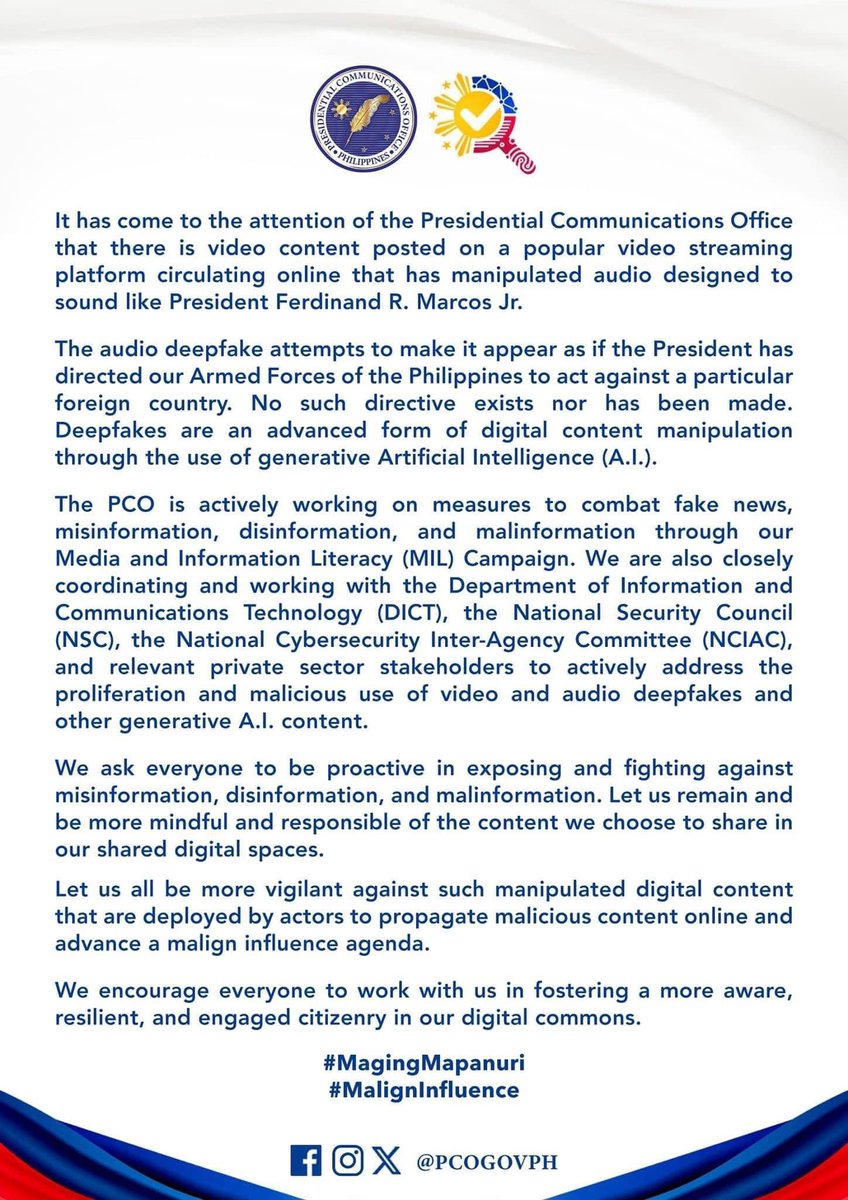 1. The @pcogovph has warned on Facebook about a deepfake audio that supposedly features the Filipino president Ferdinand Marcos Jr directing the armed forces to act against a foreign country. #cyber #digital #disinformation #informationwarfare #defence