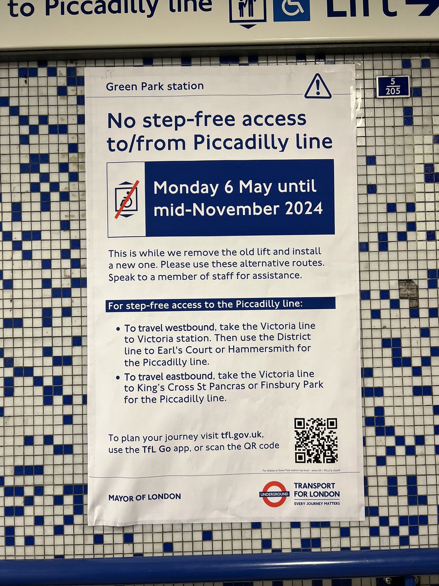 Green Park station will have no step-free access to the Piccadilly line for over 6 months while the lift is replaced.

GP is one of the very few accessible interchanges in central, making it indispensable for disabled people.

Effectively this means 6 months of no Tube travel.