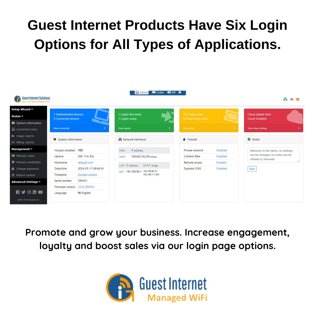 guest_internet's tweet photo. The login options can be customized via the admin account 📷

✅ With Guest Internet you can choose how people will login to your WiFi service.

Check our Insta post!

#wifi #internet #login #ADMIN #hospitality #hotel #campground #rvpark #glamping #office #apartment https://t.co/ygpPtXFR89