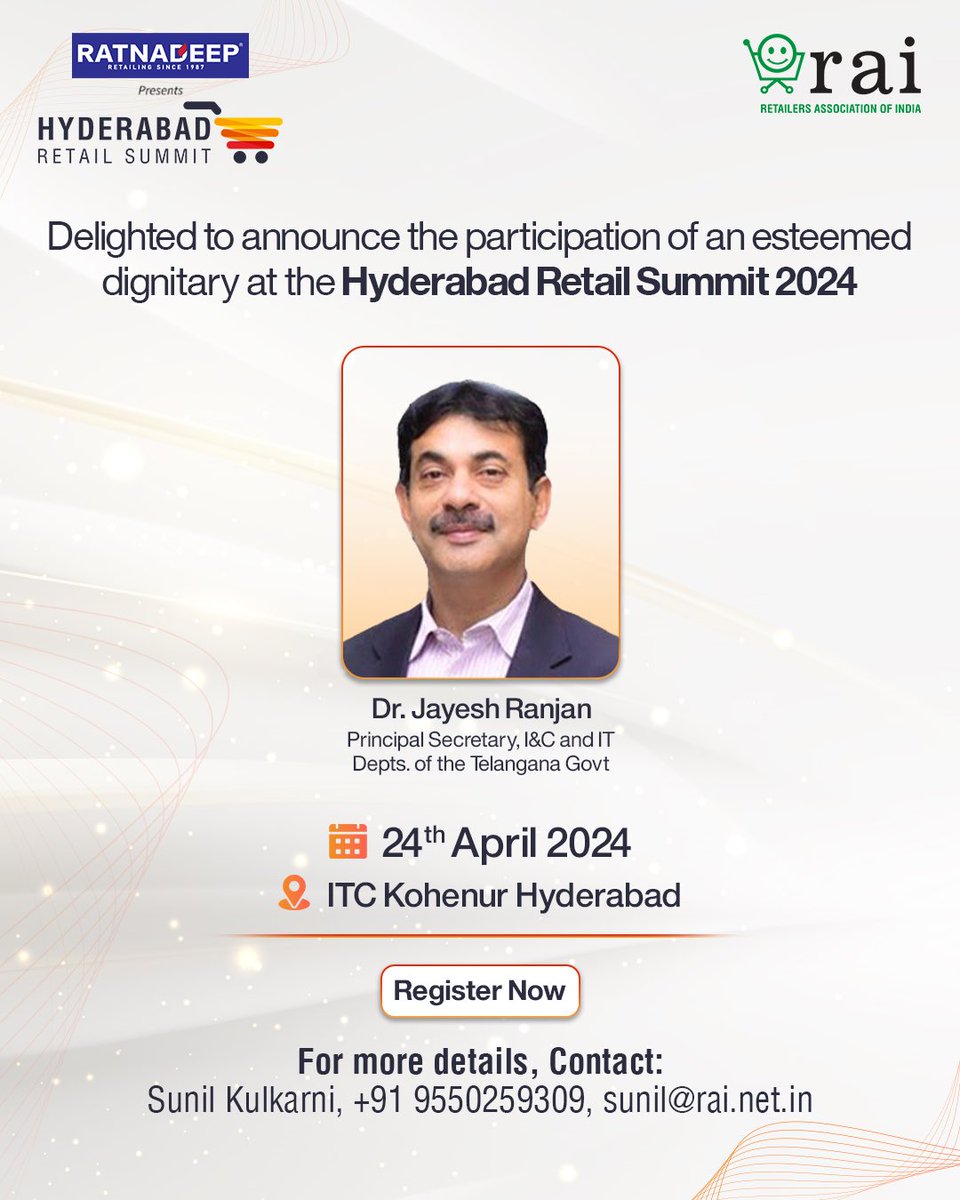 We are delighted to welcome Dr. Jayesh Ranjan for #HRS2024. Dr. Ranjan holds a pivotal position within the Telangana Government and plays a crucial role in overseeing the region's retail trade. Click here to register - bit.ly/HRSRegisterNow #HyderabadRetailSummit2024 #Event…