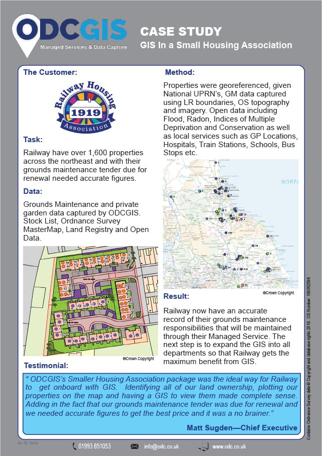 ODCGIS have launched a Special Offer for #SmallerHousingAssociations (Less than 5,000 properties) making GIS Mapping affordable to all housing associations. Railway Housing Association (1600 properties)was the first  to take up the offer
@RailwayHousing #GISMapping #SocialHousing