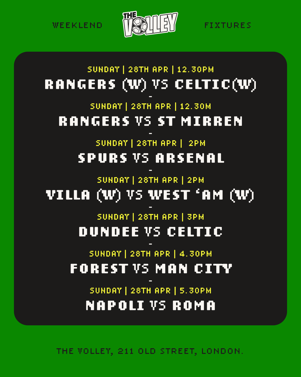 TheVolleyLondon's tweet photo. All these games are showing at The Volley this weekend. Pretty heavy line up. https://t.co/9LyDBr0mfH