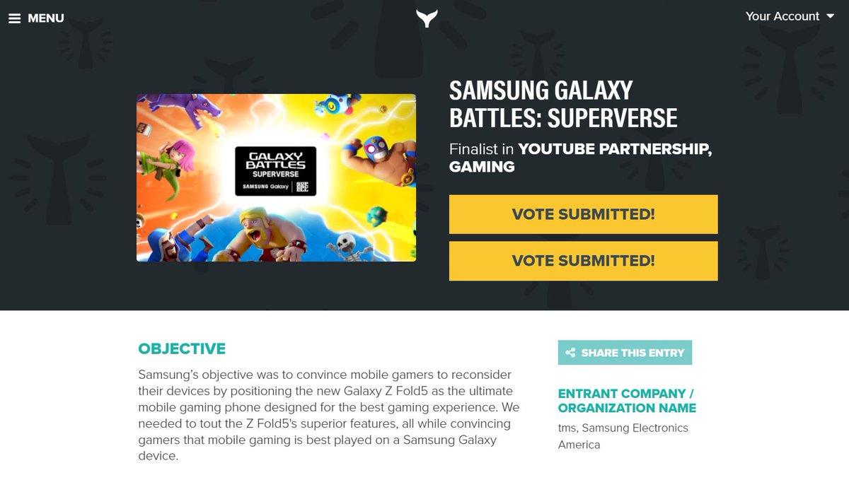 So proud of the @AMGinfluence production, creative and accounts teams! We've been nominated for best YouTube Partnership & Gaming Event by the @shortyawards for GALAXY BATTLES: SUPERVERSE w/ amazing partners @SamsungMobileUS & @supercell Vote here: bit.ly/4d7CkDE