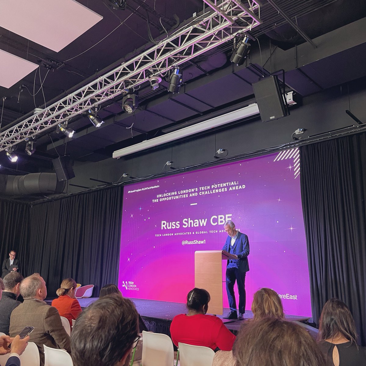 Always a pleasure to spend time with @TechLondonAdv — at @HereEast for #FutureFrontiers and the launch of #LDNTechManifesto as @RussShaw1 kicks things off with a word of warning not to be complacent about the continued world-leading success of the #London #tech ecosystem