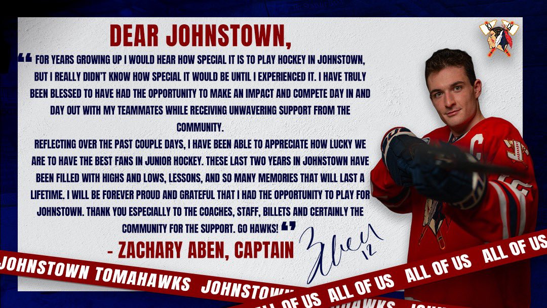 A letter from your Captain, Zachary Aben 1️⃣2️⃣  

#LetsGoHawks | #AllOfUs