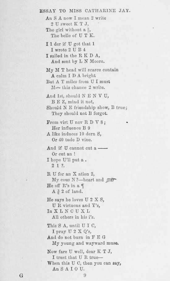 PublicDomainRev's tweet photo. More than a century before the mobile phone, a #Victorian love poem using #textspeak. See two even earlier examples here: https://t.co/Xj6D1Zsaug https://t.co/jMtu5TxLxz