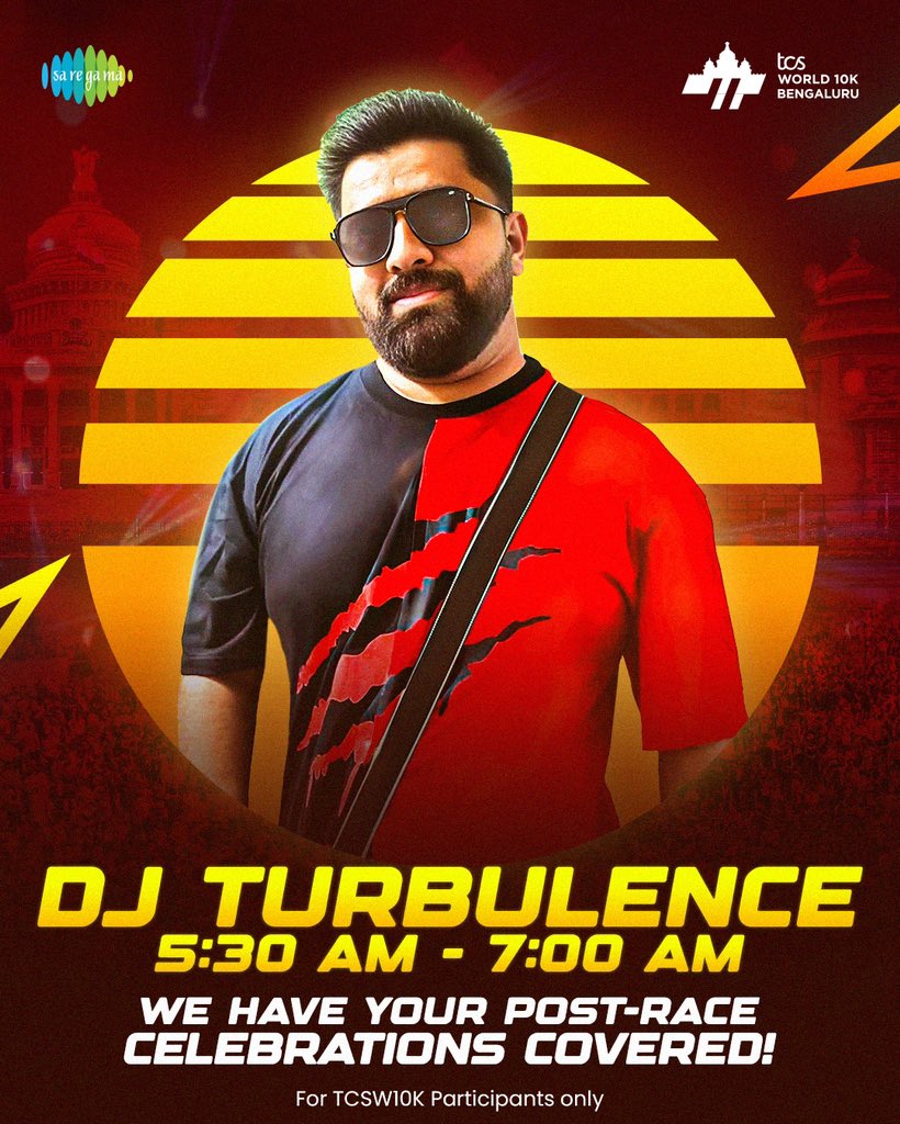 DJ Turbulence is coming to add more majja to your post-race celebrations🥳 ⏰: 5:30AM TO 7:00AM 📍: Field Marshal Sam Manekshaw Parade Ground *Exclusively for #TCSW10K participants #EndendiguBengaluru