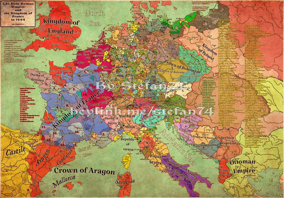 Holy Roman Empire and Kingdom of France in 1444
Video Review 
youtube.com/watch?v=56gldI…

Print/Social Media
heylink.me/stefan74

#EuropaUniversalisIV #europe #HolyRomanEmpire  #history  #mapmaking #map #bohemian #germany #austria #france   #medievalhistory #medieval  #knights