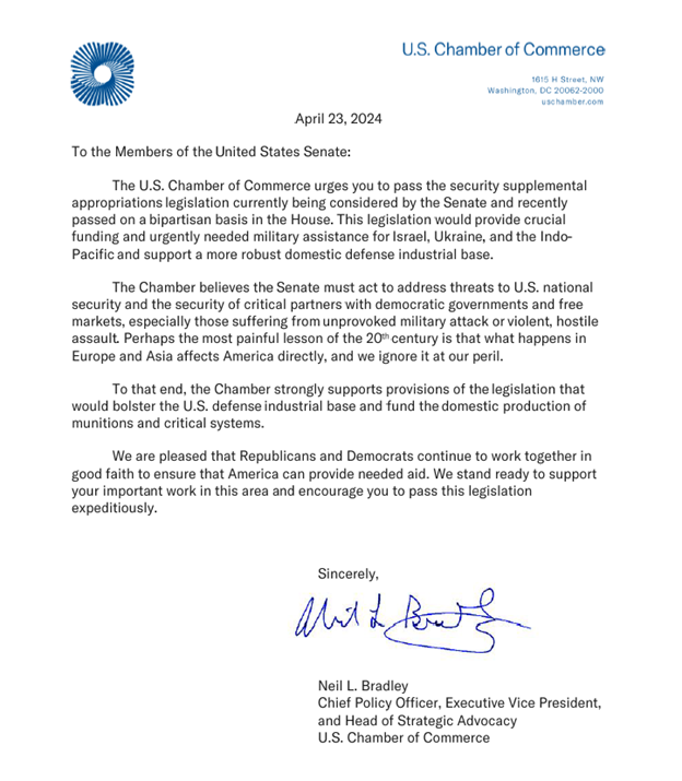 The @USChamber urges the Senate to approve the security supplemental appropriations bill before it today (aid for Ukraine, Israel, and the Indo-Pacific) uschamber.com/security/u-s-c…