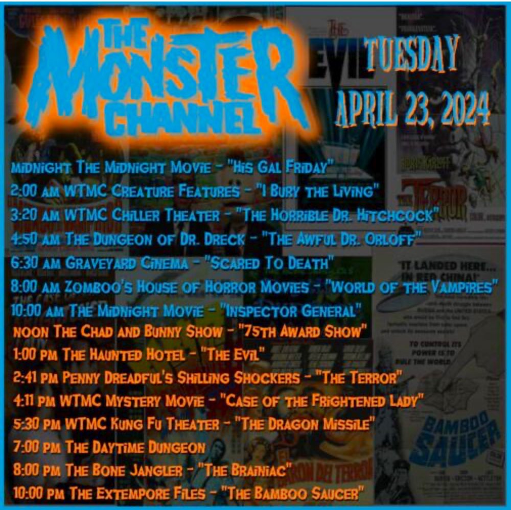 April 23, 2024: Turn it into a terrifying Tuesday morning, afternoon and evening with Horror Hosted entertainment on themonsterchannel.com
#HorrorHost #TheMonsterChannel