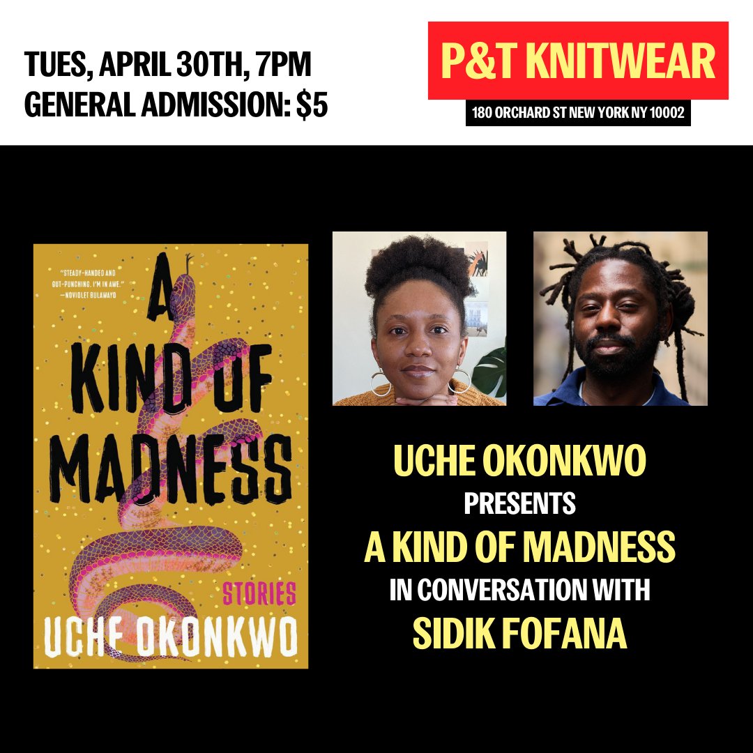 Looking forward to talking A Kind of Madness with Sidik Fofana on Tuesday April 30 at 7PM at P&T Knitwear. Tickets are available at ptknitwear.com/events/35223 and everyone's welcome!