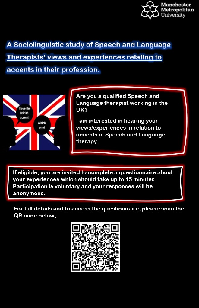 Hi SLT's, I am a final year student at MMU studying Speech Therapy. I'm looking for UK-based SLTs and would appreciate if you could complete the survey below. Thank you in advance mmu.onlinesurveys.ac.uk/a-sociolinguis…
@RCSLT @RCSLTLearn #slt2be #SLT #speechtherapy