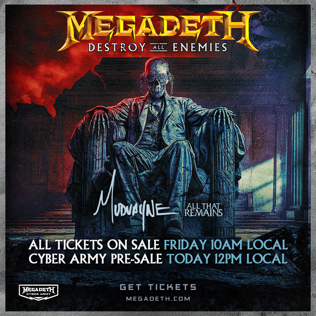 Brace yourselves! The #DestroyAllEnemiesTour in North America kicks-off this August with Mudvayne and @ATRhq. All tickets go on sale Friday at 10am local, Megadeth Cyber Army pre-sale begins today at 12pm local. megadeth.com/tour