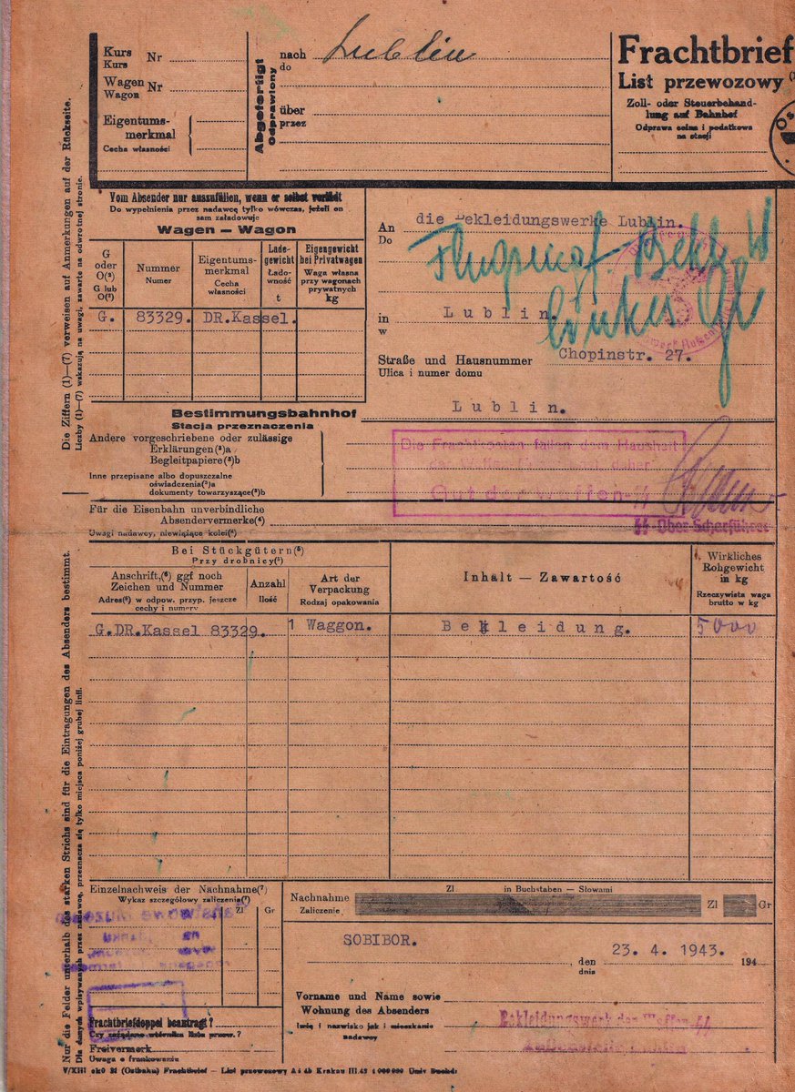 23.04.1943 r. - list przewozowy, dokumentujący przeniesienie jednego wagonu towarowego odzieży z obozu zagłady Sobibór, do magazynów centralnych „Einsatz Reinhardt” w Lublinie.

Wszystkie przedmioty skradzione Żydom zostały przetworzone w Lublinie, a następnie wysłane do Niemiec.