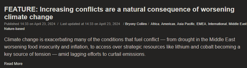 I explore the intersection of #climate and #conflict in this feature for <a href="/CarbonPulse/">Carbon Pulse</a>, including drought in the Middle East, deforestation in the Amazon, and wrangling over metals for the #energytransition - carbon-pulse.com/280355/