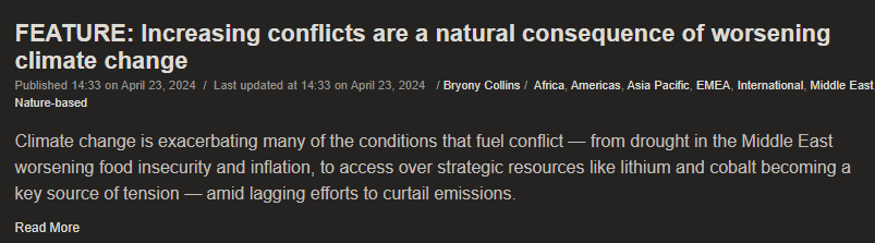 I explore the intersection of #climate and #conflict in this feature for @CarbonPulse, including drought in the Middle East, deforestation in the Amazon, and wrangling over metals for the #energytransition - carbon-pulse.com/280355/