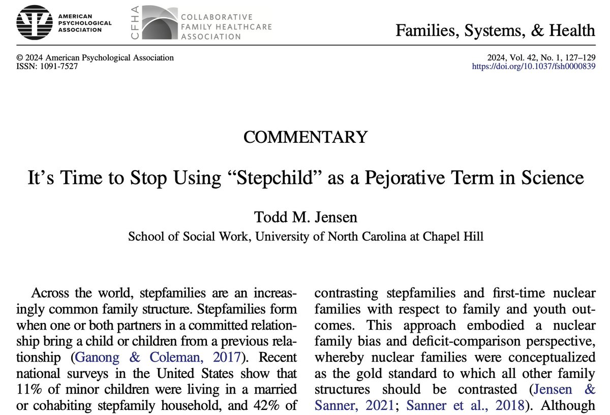 Excited to share my brief commentary published in <a href="/APA/">American Psychological Association</a> Families, Systems, &amp; Health. In this piece, I seek to discourage using terms like "stepchild" as a pejorative. <a href="/ncfr/">NCFR</a> 

doi.org/10.1037/fsh000…