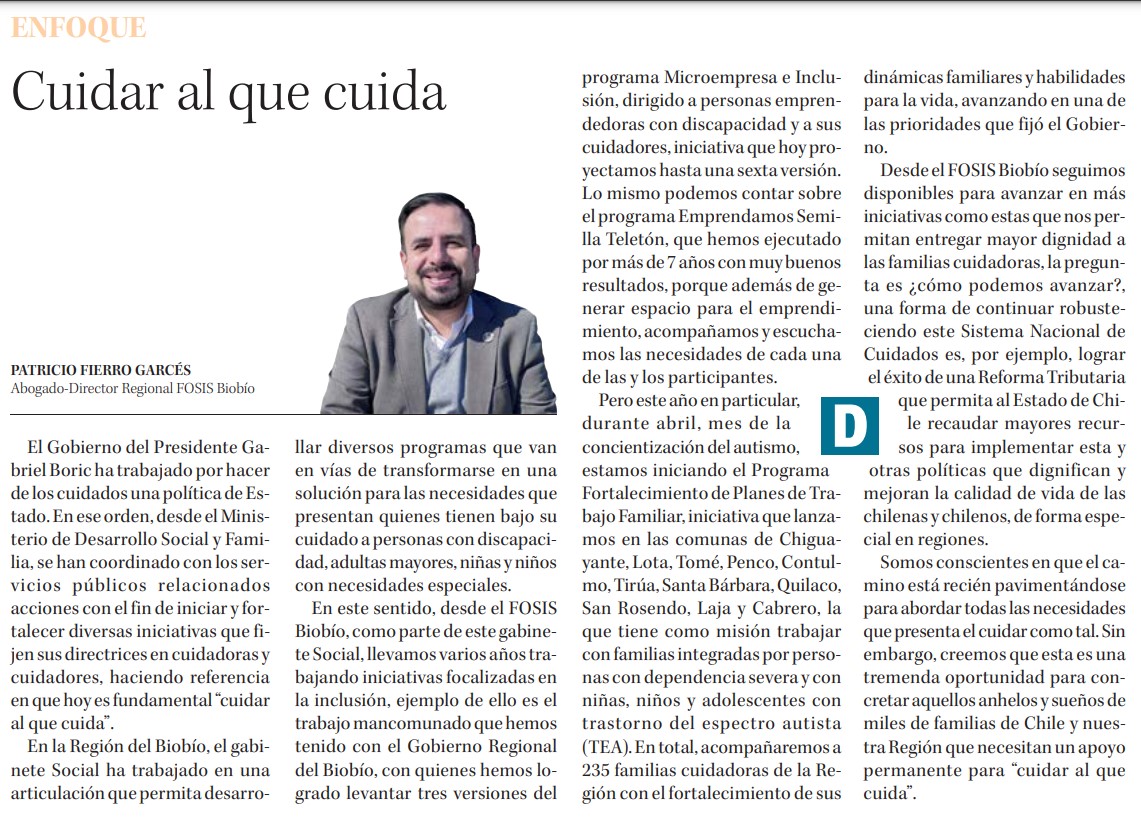 La columna de nuestro Director Regional, <a href="/fierro_patricio/">Patricio Fierro Garcés</a> , sobre uno de los temas prioritarios del <a href="/GobiernodeChile/">Gobierno de Chile</a> en materia de desarrollo social,que es la política de cuidados. El compromiso es seguir trabajando iniciativas que nos ayuden a cuidar al que cuida 🤓📰 Seguimos🌳
