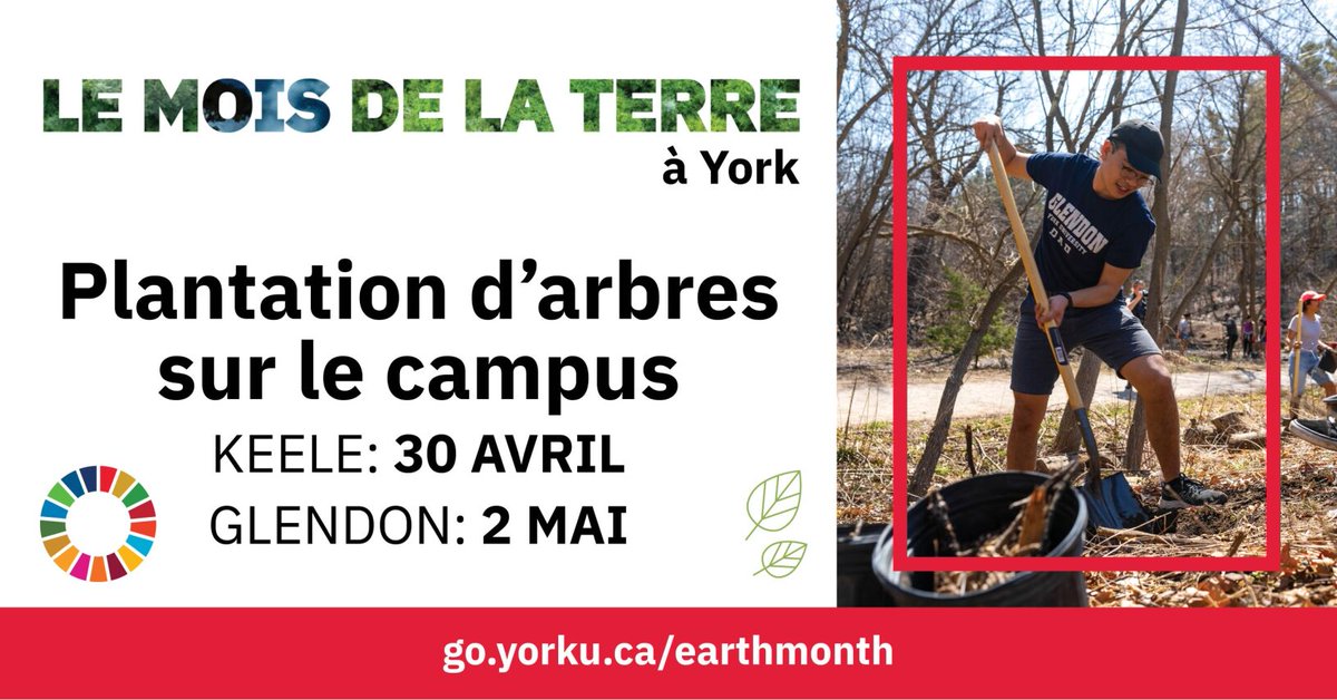 Nous vous invitons à participer aux évènements de la Plantation des arbres à Keele (30 avril) et à Glendon (2 mai). Soutenez la restauration des écosystèmes afin d'atténuer le changement climatique. Pour en savoir plus: bit.ly/3McMrw6 │ #Moisdelaterre 🌳